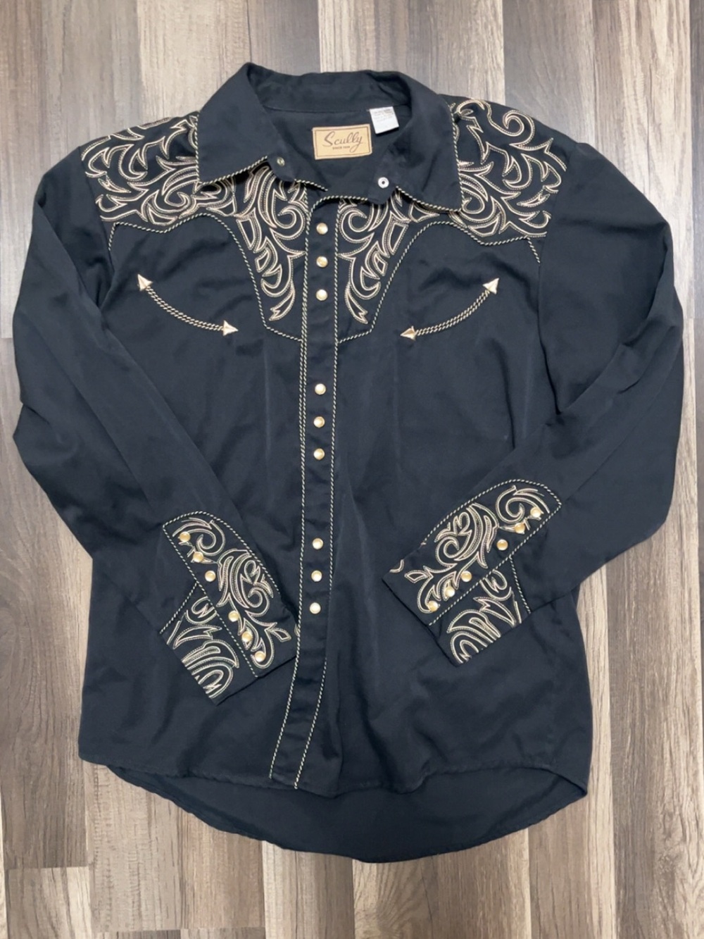 SCULLY Mens L Black & Latte Embodied Boot Stitch Yoke Western Long Sleeve Shirt